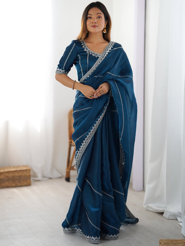 Beautiful Teal Blue Thread Embroidered Silk Party Wear Saree