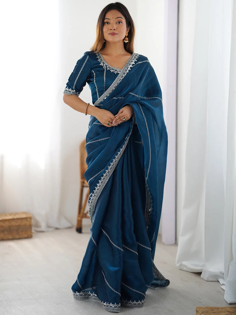 Beautiful Teal Blue Thread Embroidered Silk Party Wear Saree