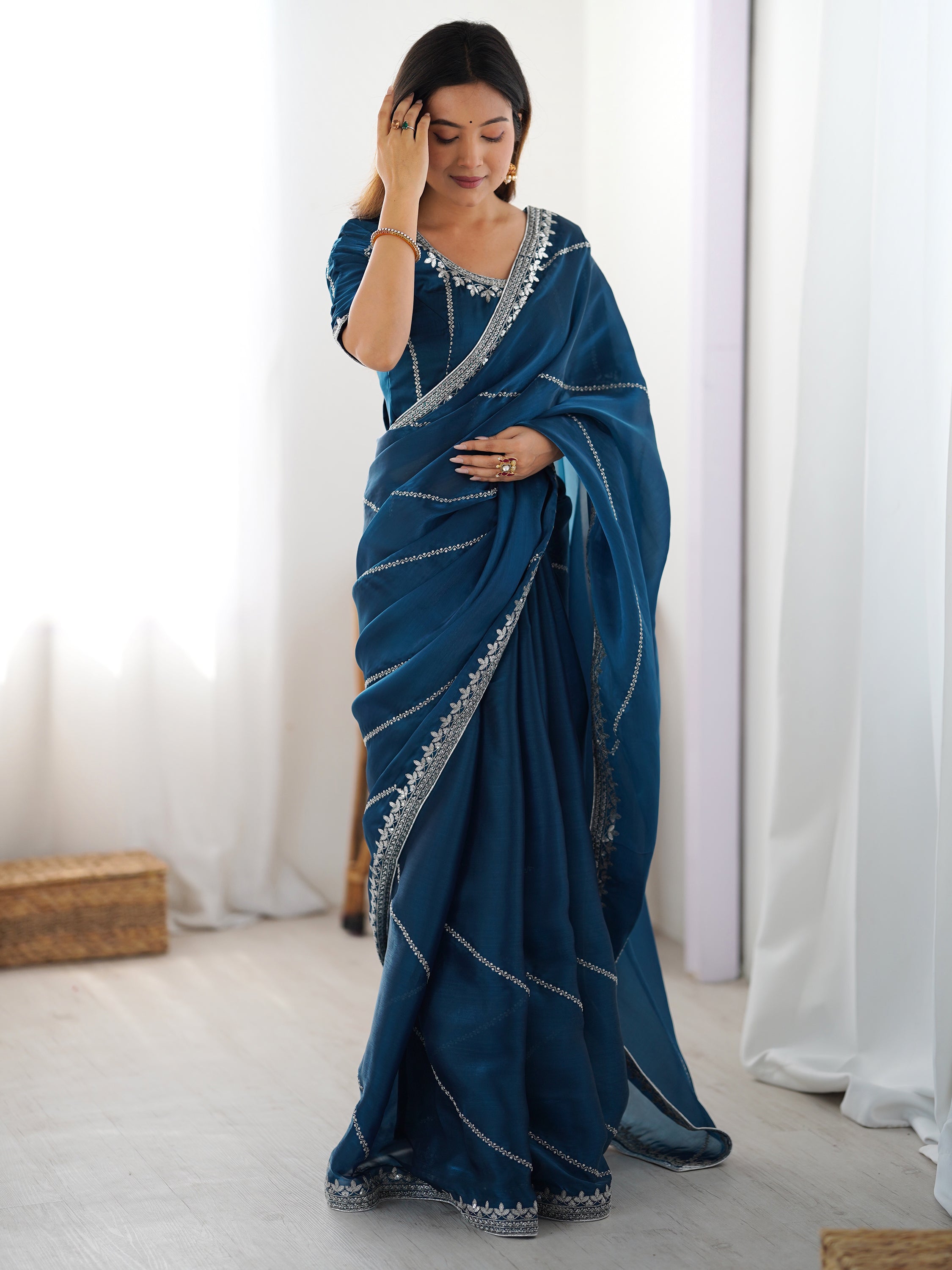 Beautiful Teal Blue Thread Embroidered Silk Party Wear Saree