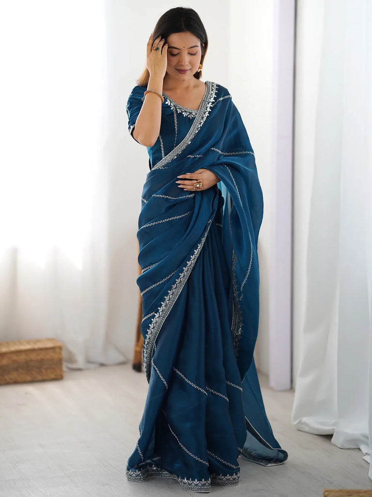 Beautiful Teal Blue Thread Embroidered Silk Party Wear Saree