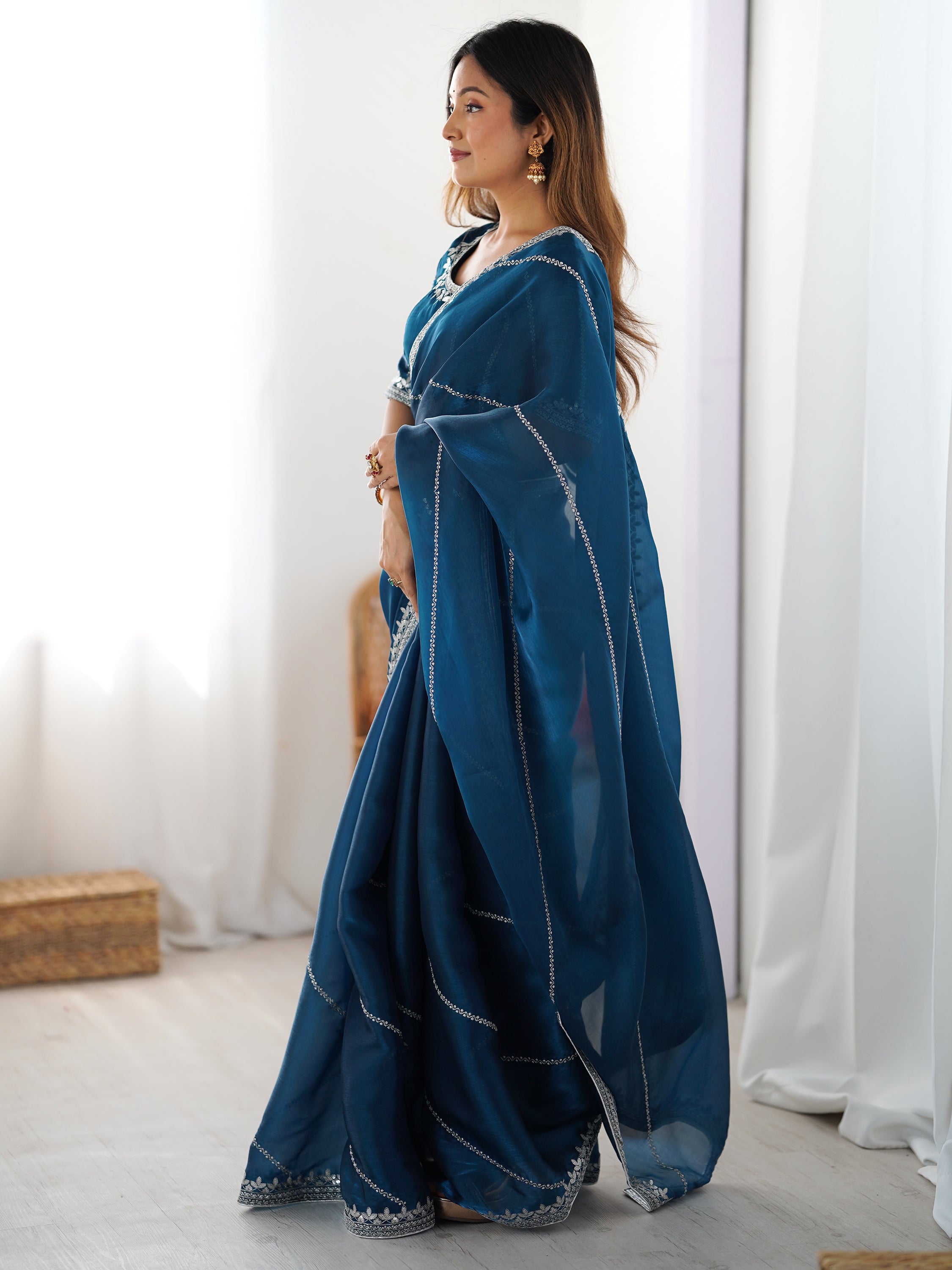 Beautiful Teal Blue Thread Embroidered Silk Party Wear Saree