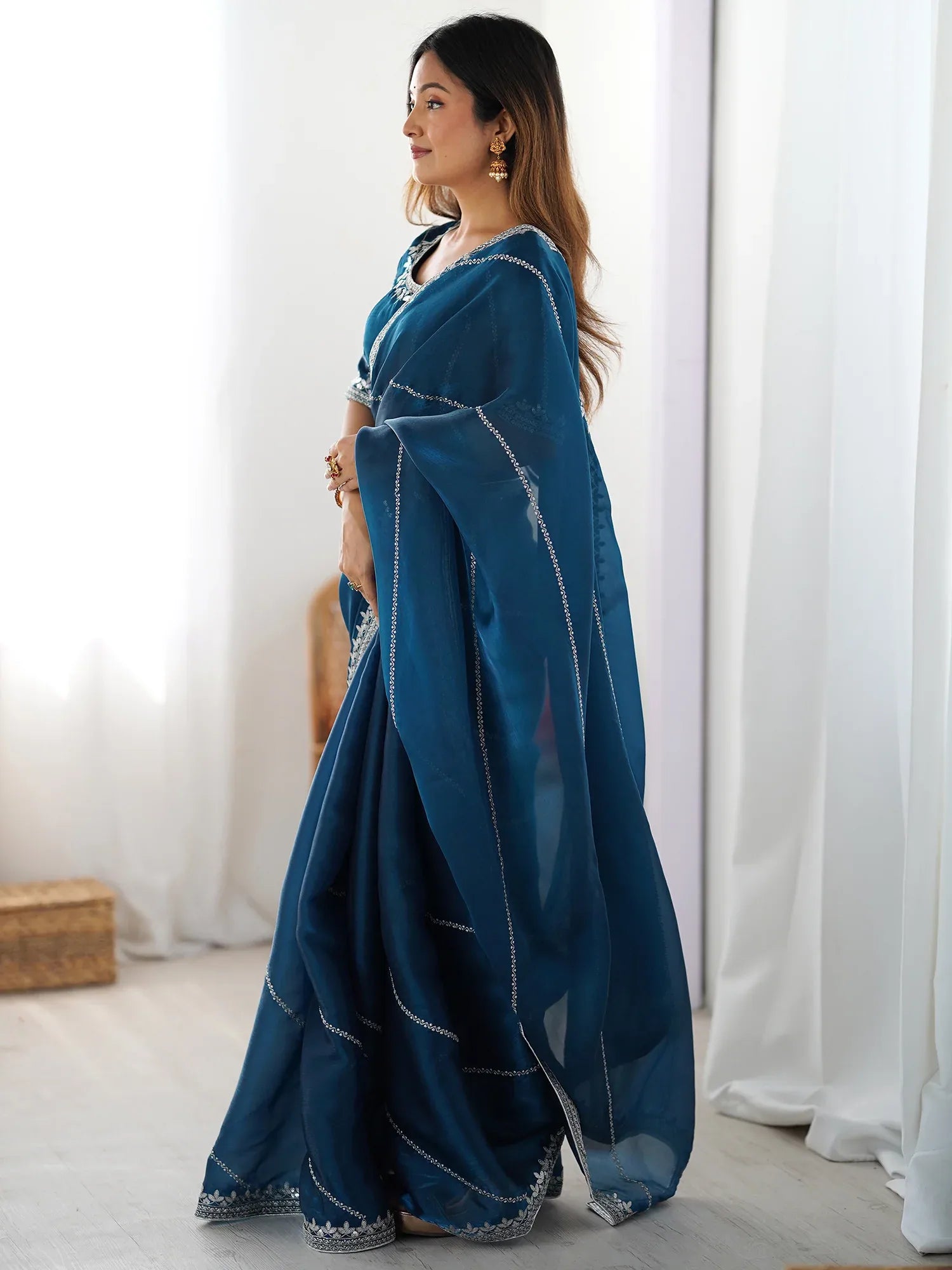 Beautiful Teal Blue Thread Embroidered Silk Party Wear Saree