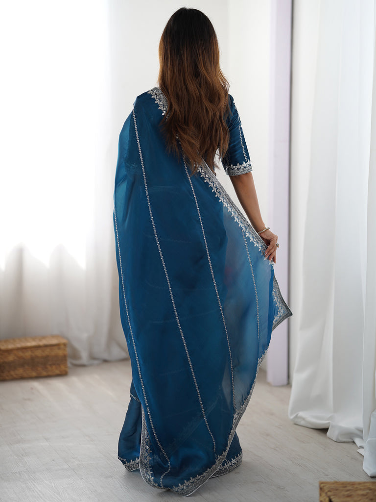 Beautiful Teal Blue Thread Embroidered Silk Party Wear Saree