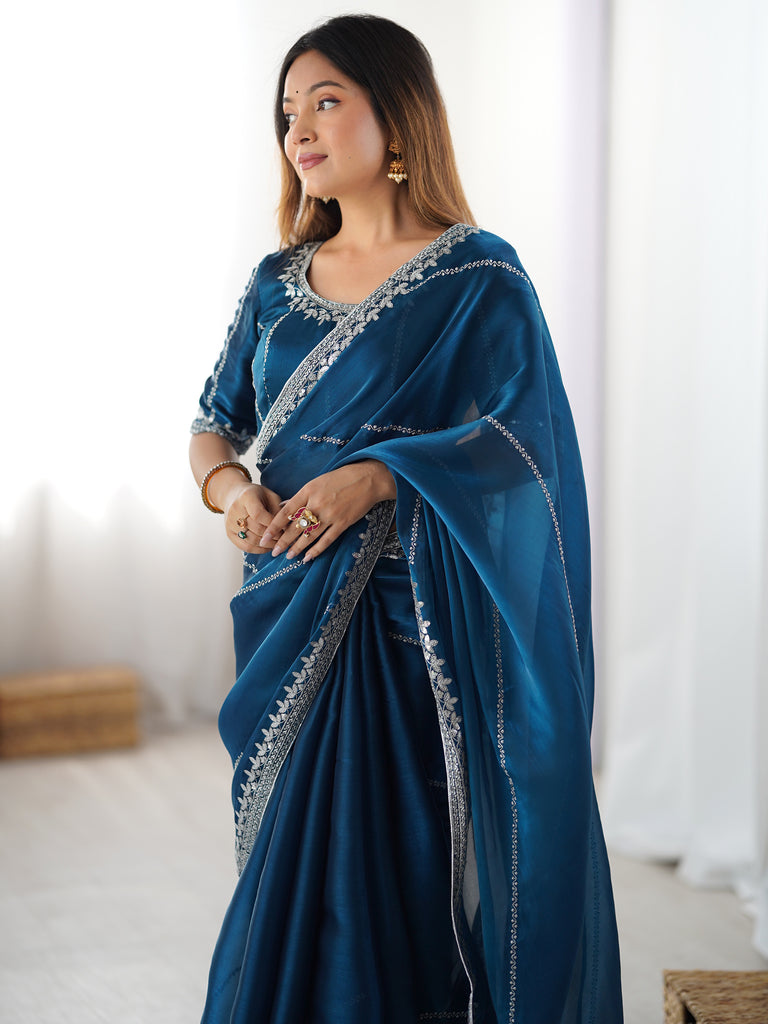 Beautiful Teal Blue Thread Embroidered Silk Party Wear Saree