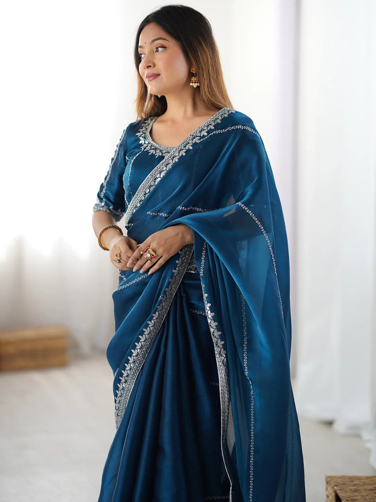 Beautiful Teal Blue Thread Embroidered Silk Party Wear Saree