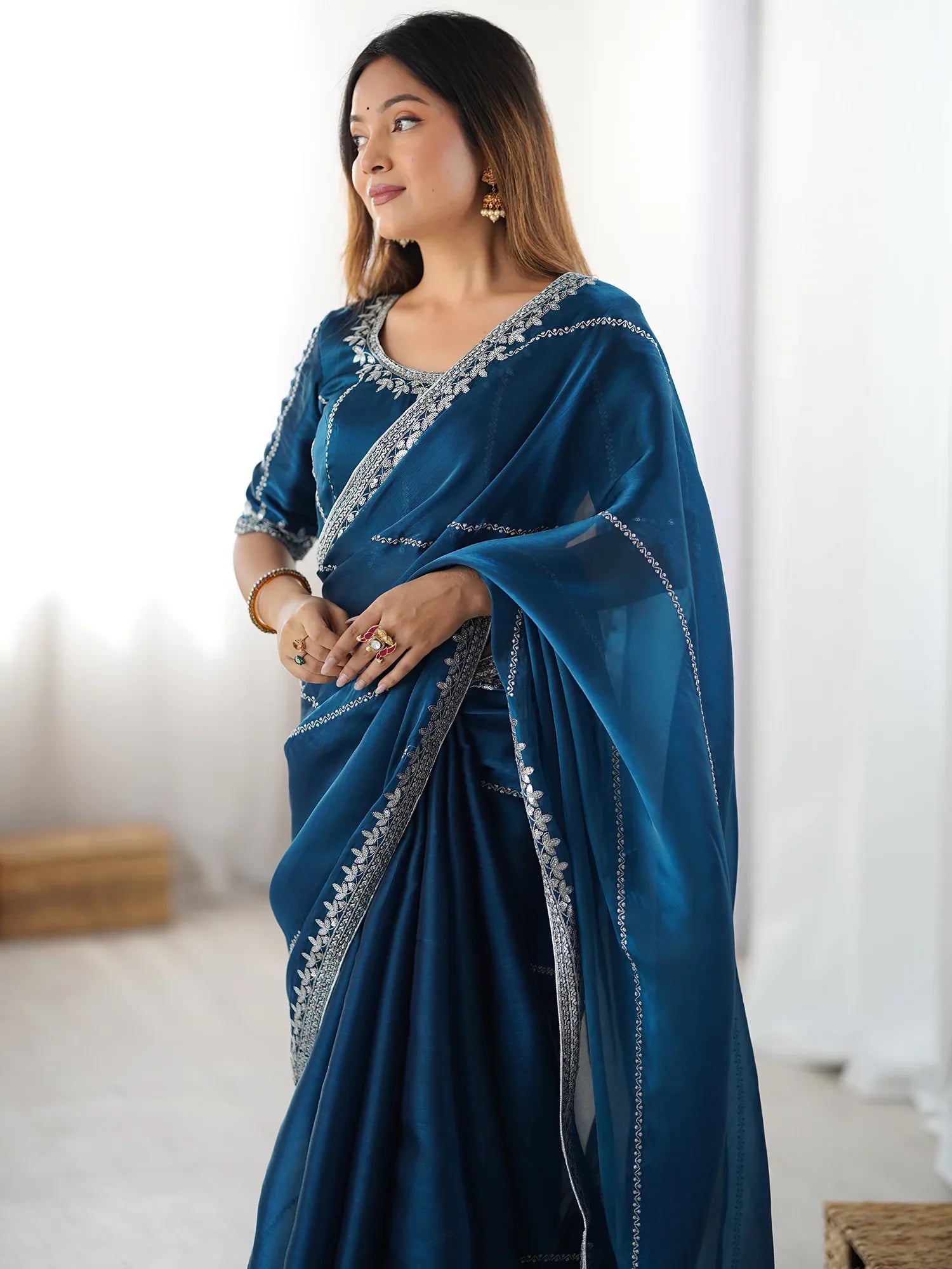 Beautiful Teal Blue Thread Embroidered Silk Party Wear Saree