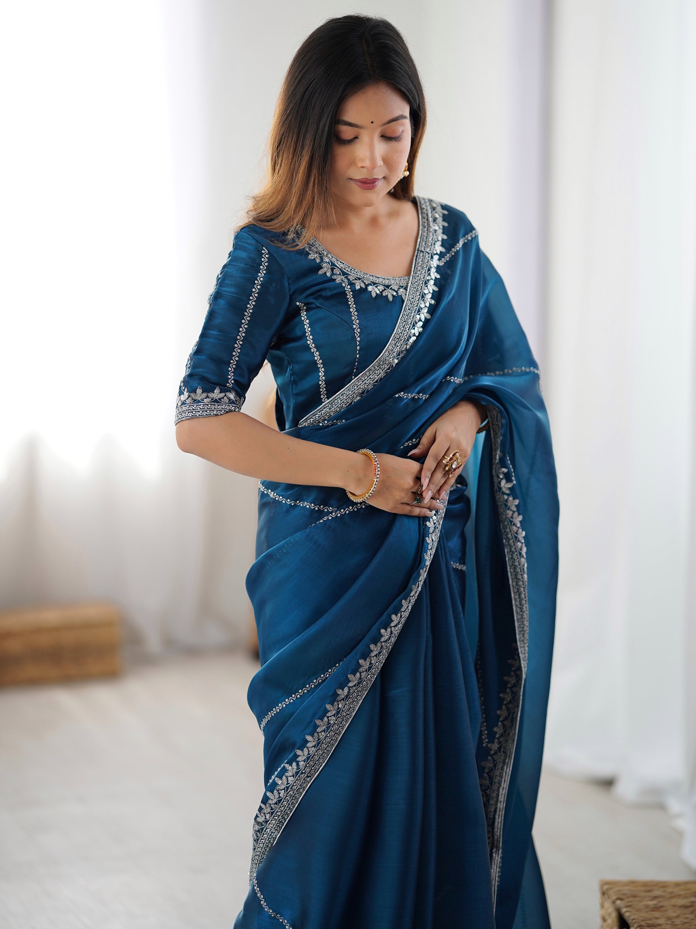 Beautiful Teal Blue Thread Embroidered Silk Party Wear Saree