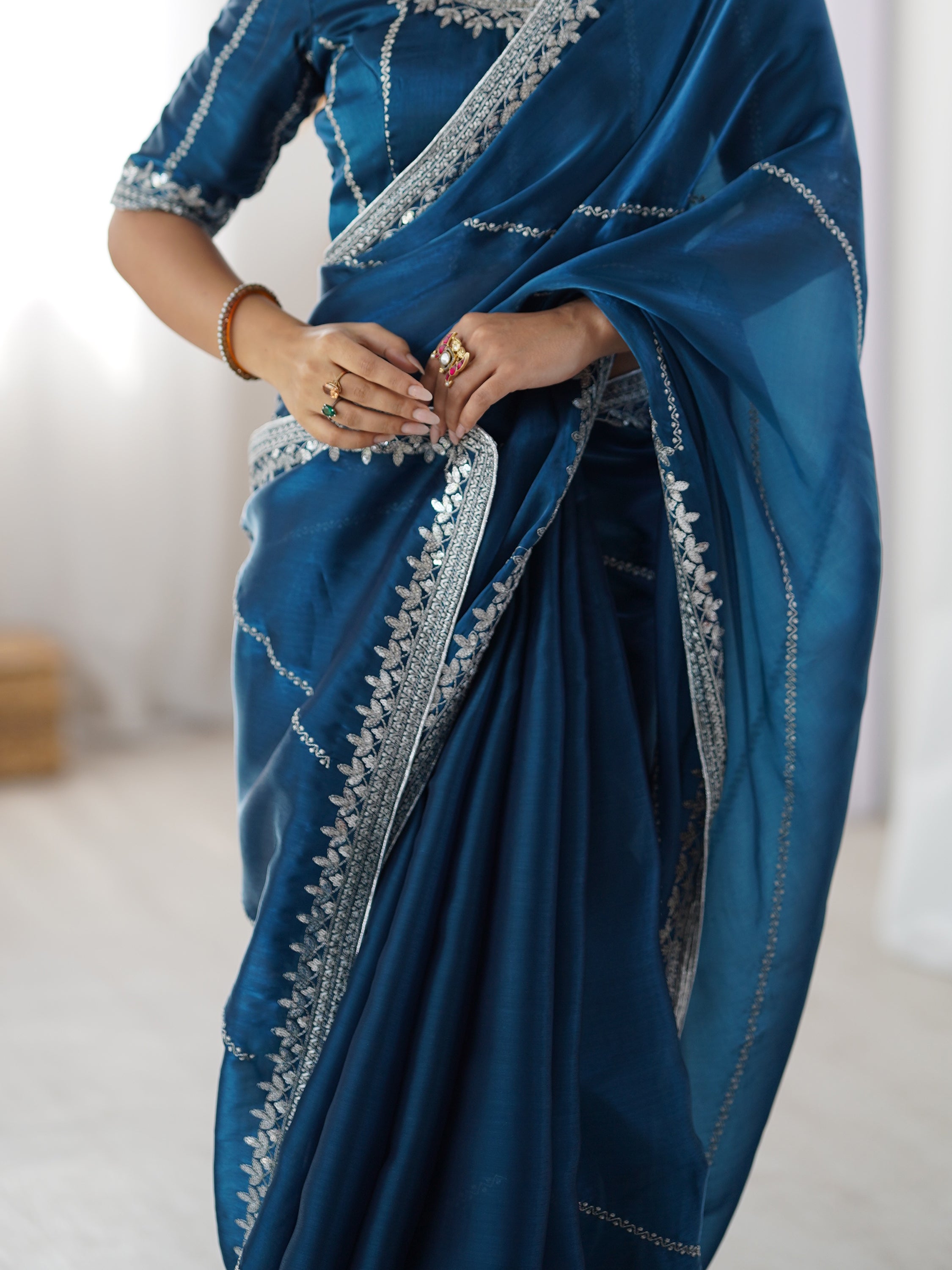 Beautiful Teal Blue Thread Embroidered Silk Party Wear Saree