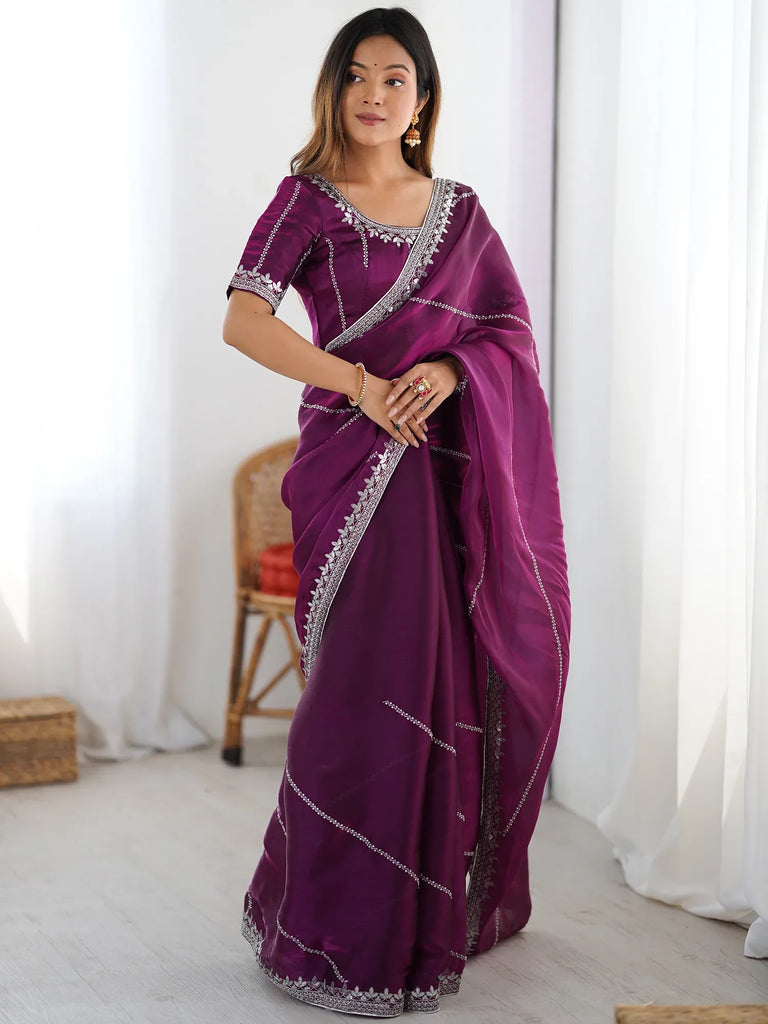 Elegant Wine Sequins Silk Reception Wear Saree With Blouse