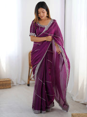 Elegant Wine Sequins Silk Reception Wear Saree With Blouse
