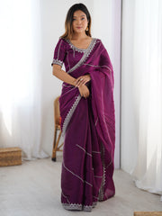 Elegant Wine Sequins Silk Reception Wear Saree With Blouse