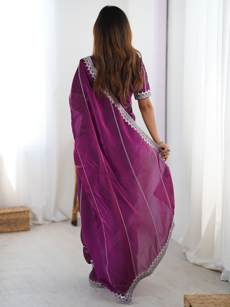 Elegant Wine Sequins Silk Reception Wear Saree With Blouse