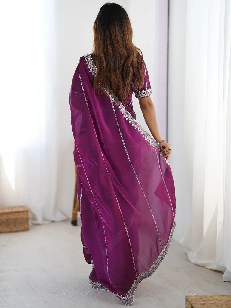 Elegant Wine Sequins Silk Reception Wear Saree With Blouse