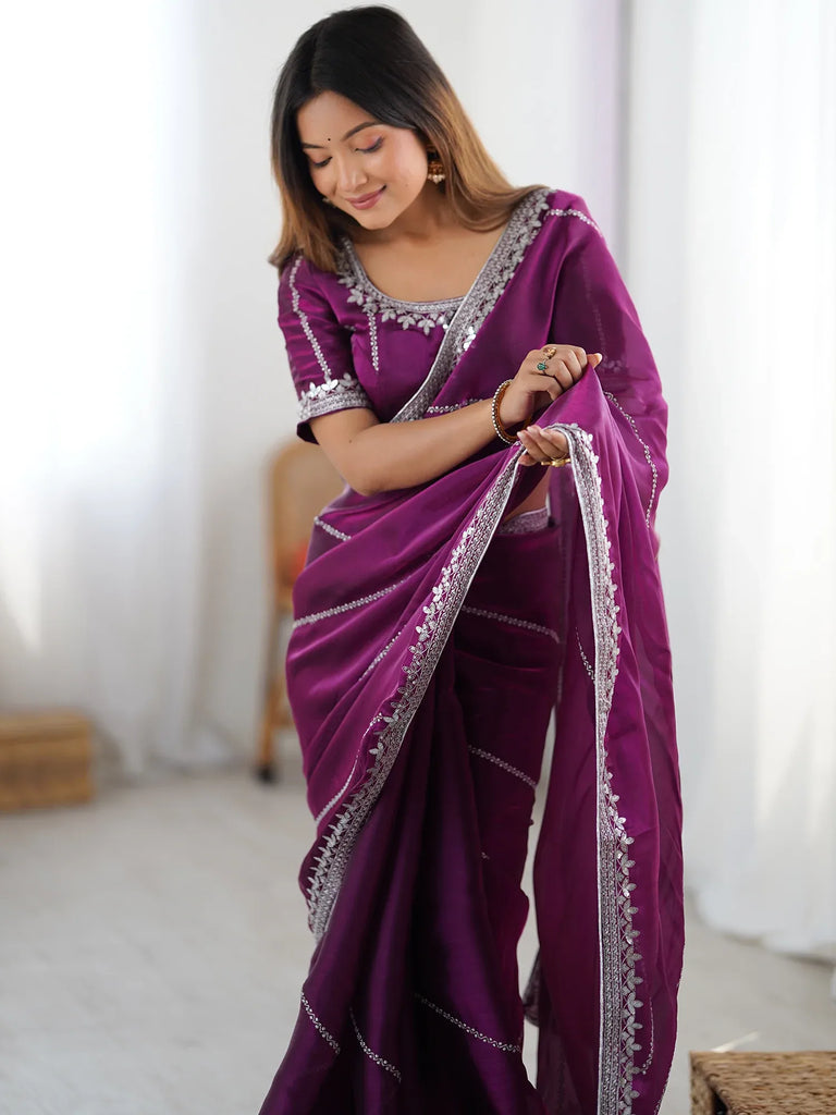 Elegant Wine Sequins Silk Reception Wear Saree With Blouse