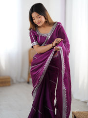 Elegant Wine Sequins Silk Reception Wear Saree With Blouse