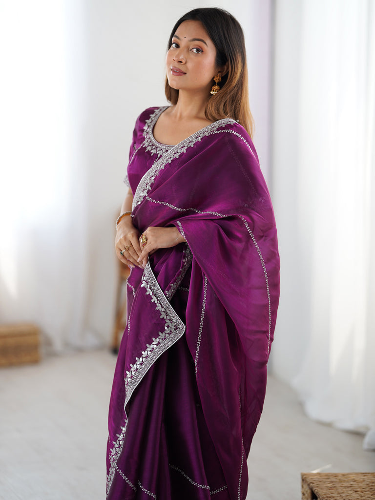 Elegant Wine Sequins Silk Reception Wear Saree With Blouse