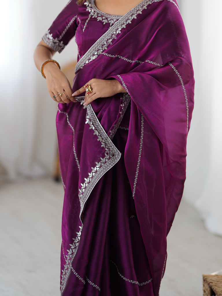 Elegant Wine Sequins Silk Reception Wear Saree With Blouse