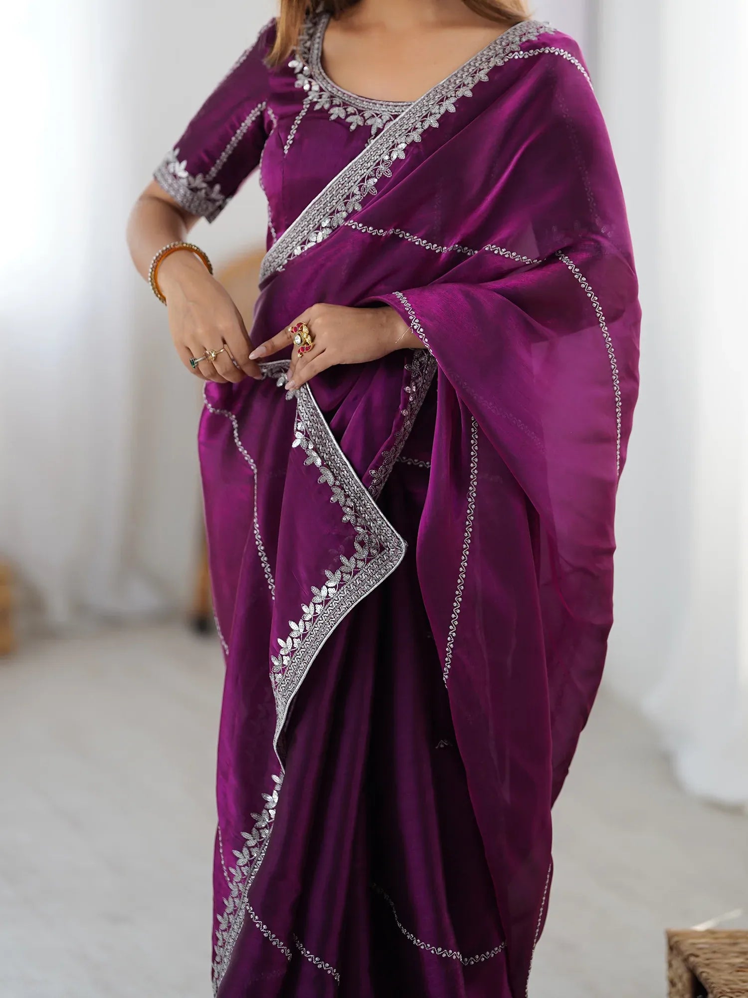 Elegant Wine Sequins Silk Reception Wear Saree With Blouse