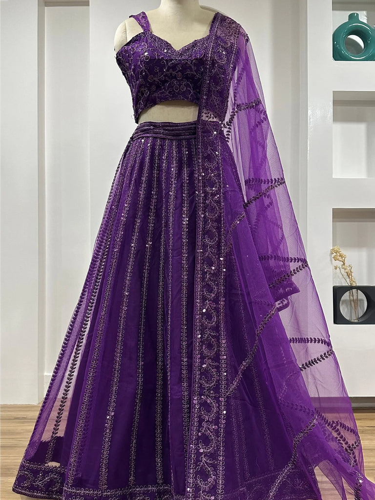 Rich Wine Net Sequins Work Wedding Wear Lehenga Choli With Dupatta
