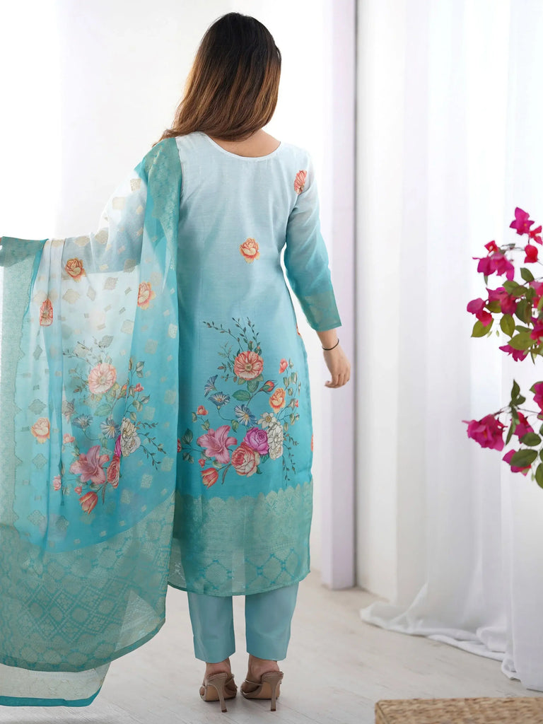 Enchanting Sky Blue Digital Printed Chanderi Pant Suit With Dupatta