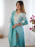 Enchanting Sky Blue Digital Printed Chanderi Pant Suit With Dupatta
