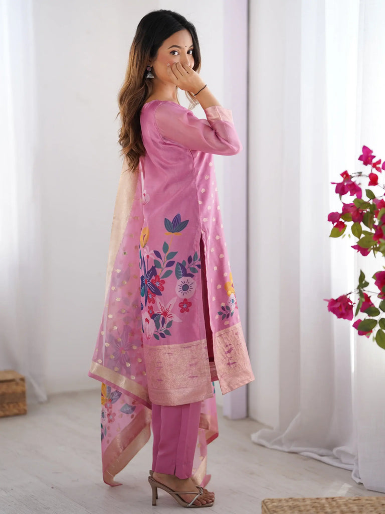 Pretty Baby Pink Chanderi Digital Printed Straight Suit With Dupatta