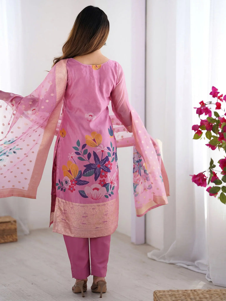 Pretty Baby Pink Chanderi Digital Printed Straight Suit With Dupatta