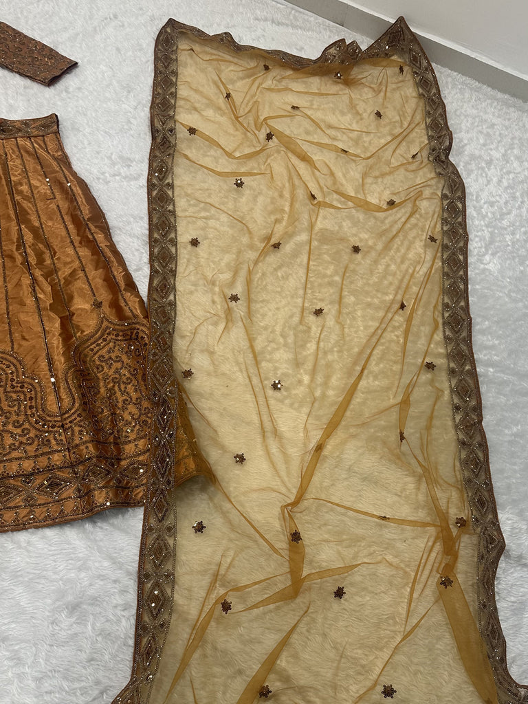 Terrific Golden Sequins Satin Reception Wear Lehenga Choli With Dupatta