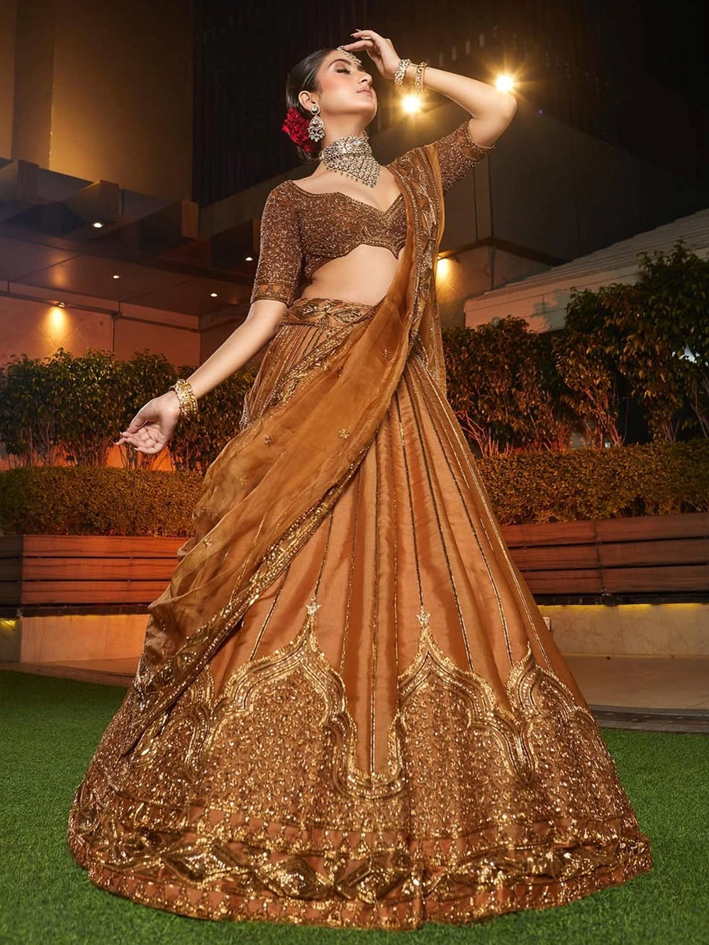 Terrific Golden Sequins Satin Reception Wear Lehenga Choli With Dupatta