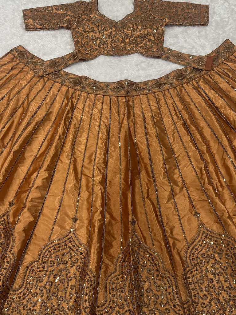 Terrific Golden Sequins Satin Reception Wear Lehenga Choli With Dupatta