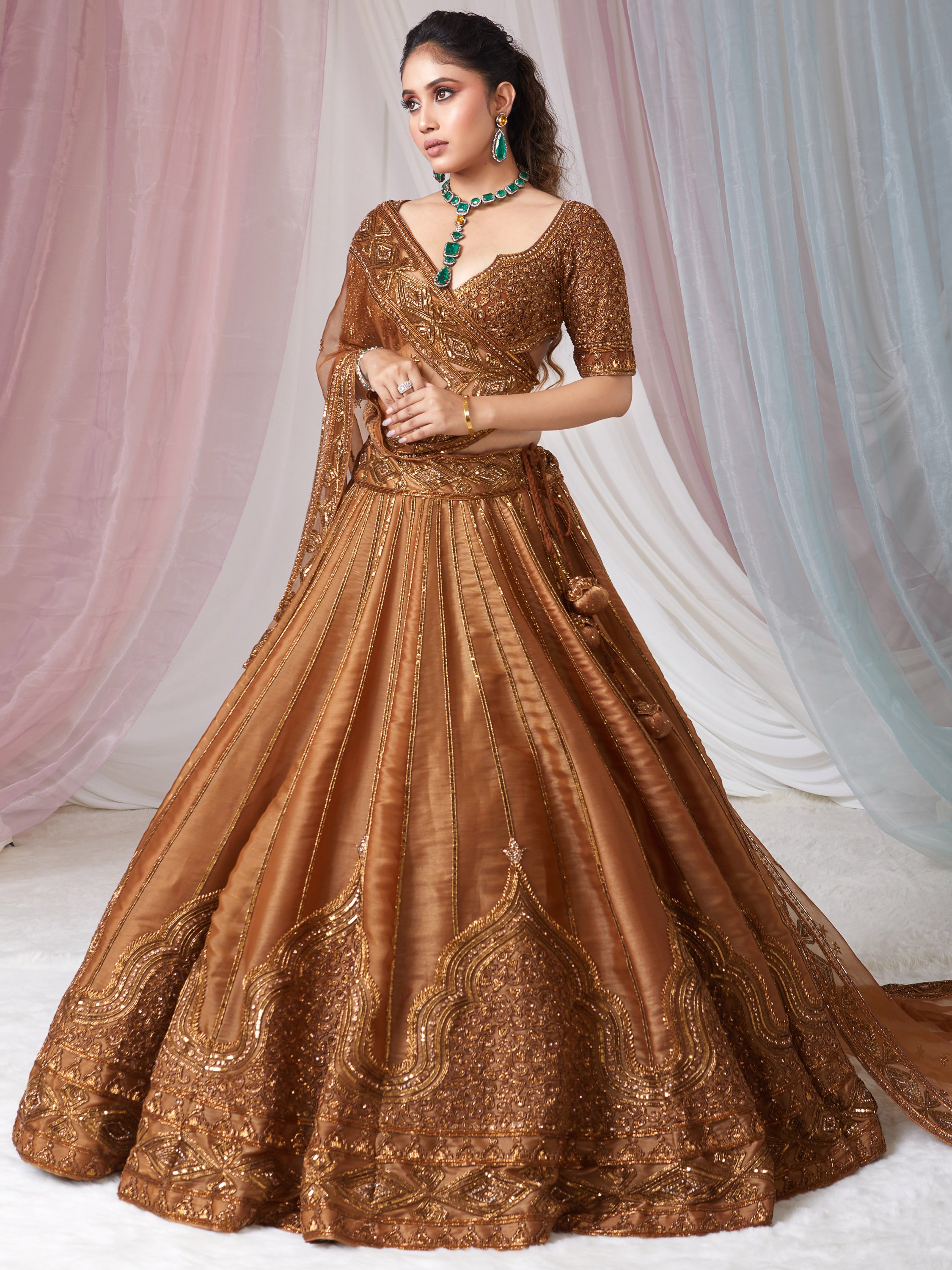 Terrific Golden Sequins Satin Reception Wear Lehenga Choli With Dupatta