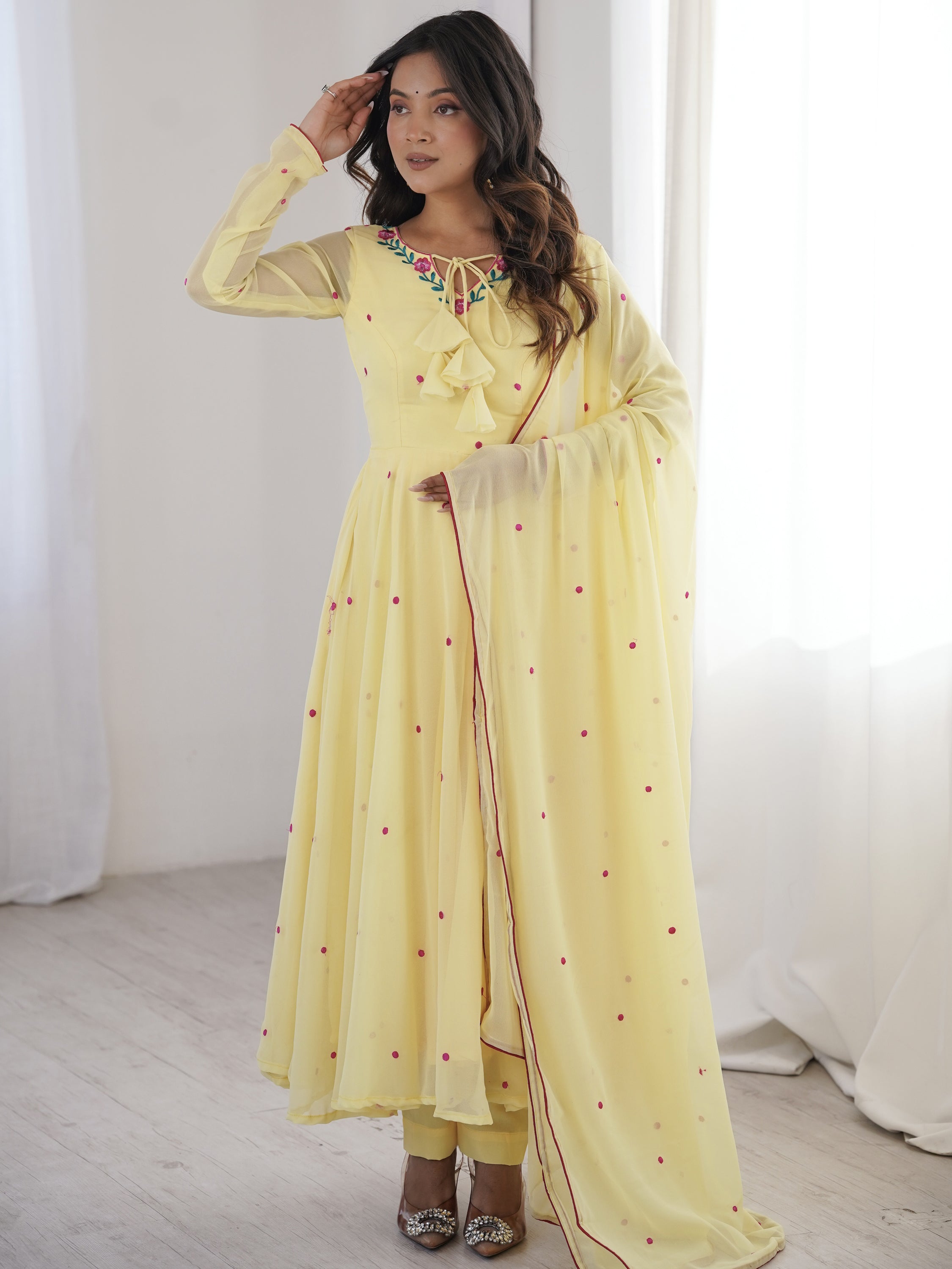 Dazzling Yellow Thread Work Georgette Haldi Wear Anarkali Suit