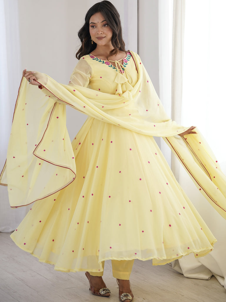 Dazzling Yellow Thread Work Georgette Haldi Wear Anarkali Suit