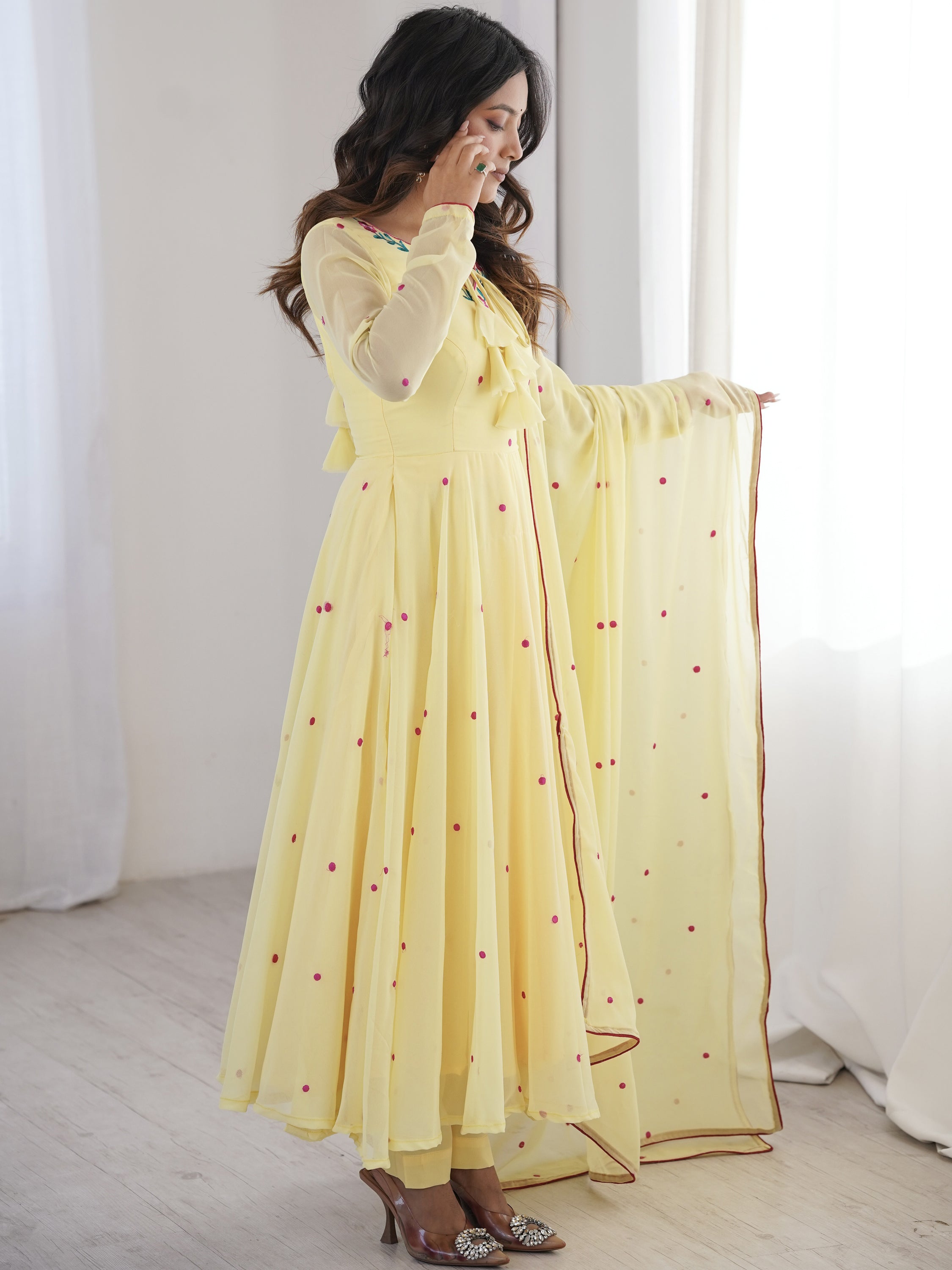 Dazzling Yellow Thread Work Georgette Haldi Wear Anarkali Suit