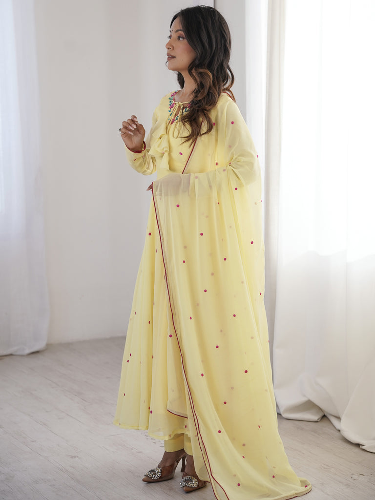 Dazzling Yellow Thread Work Georgette Haldi Wear Anarkali Suit