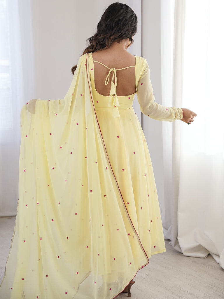 Dazzling Yellow Thread Work Georgette Haldi Wear Anarkali Suit