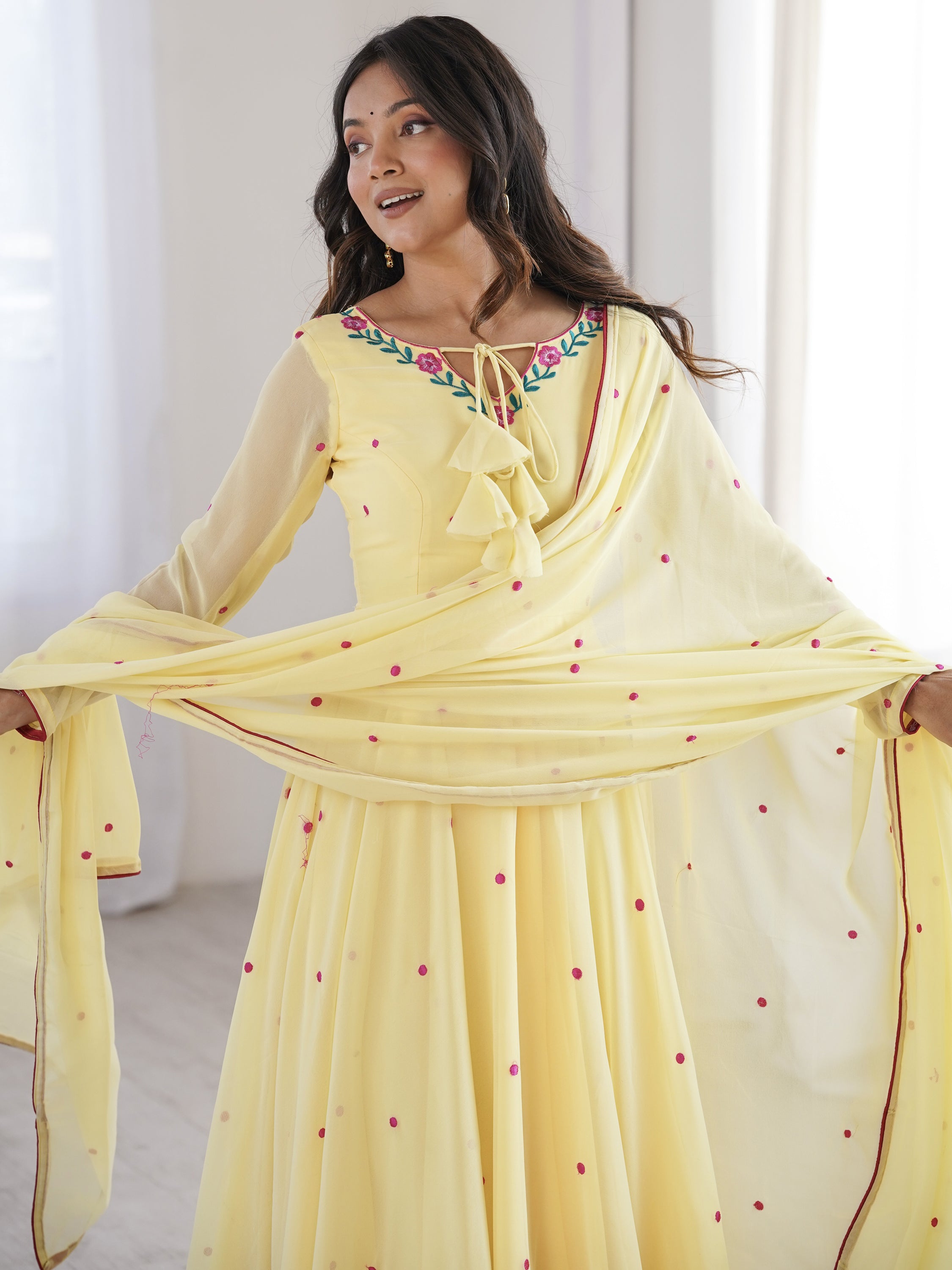 Dazzling Yellow Thread Work Georgette Haldi Wear Anarkali Suit