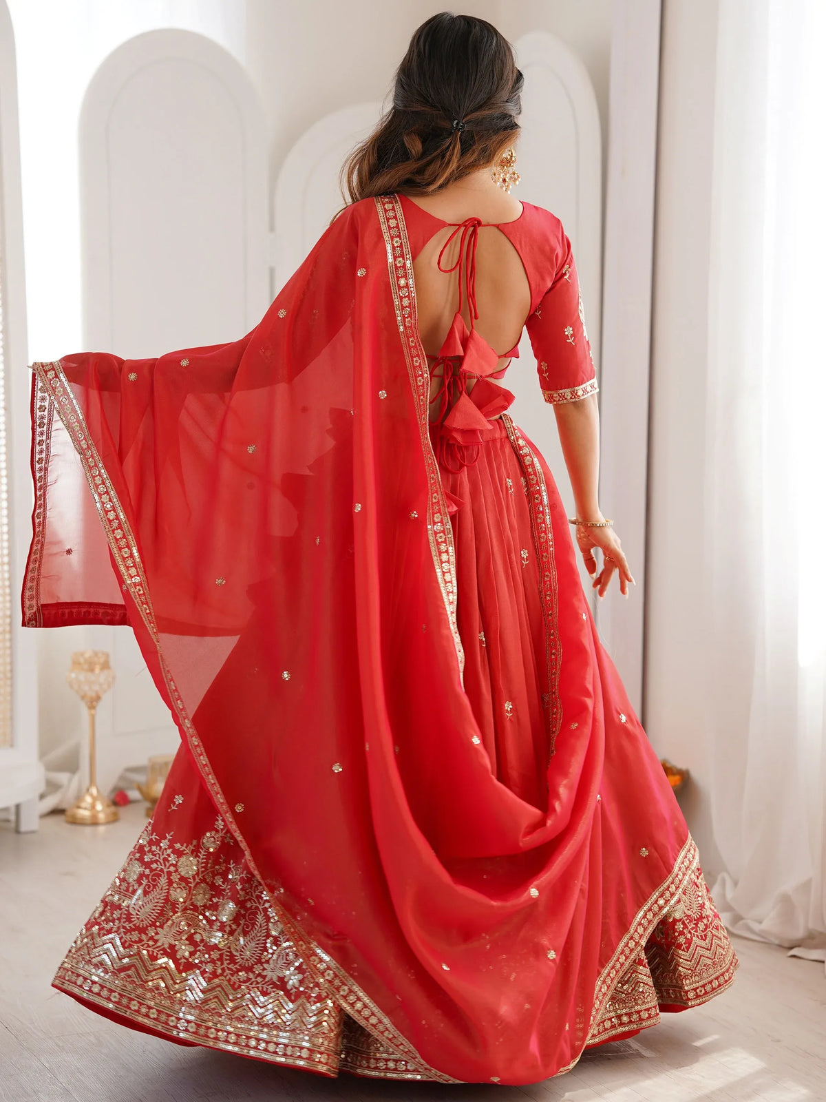 Mesmerizing Orange Thread Work Silk Wedding Lehenga Choli With Dupatta