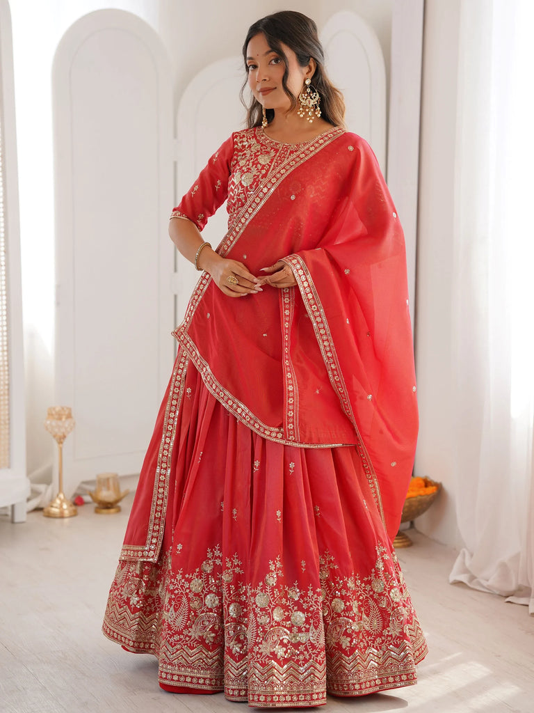 Mesmerizing Orange Thread Work Silk Wedding Lehenga Choli With Dupatta