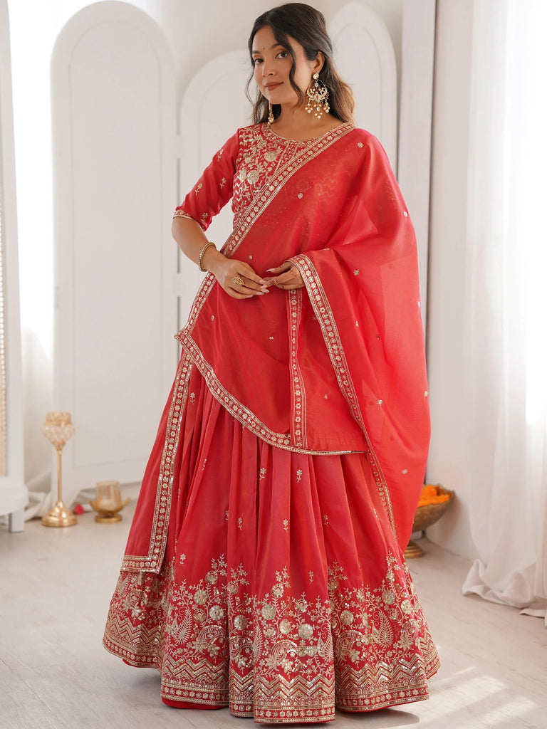 Mesmerizing Orange Thread Work Silk Wedding Lehenga Choli With Dupatta