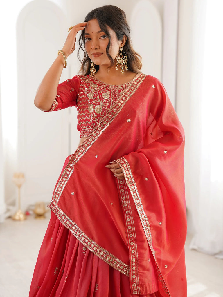 Mesmerizing Orange Thread Work Silk Wedding Lehenga Choli With Dupatta