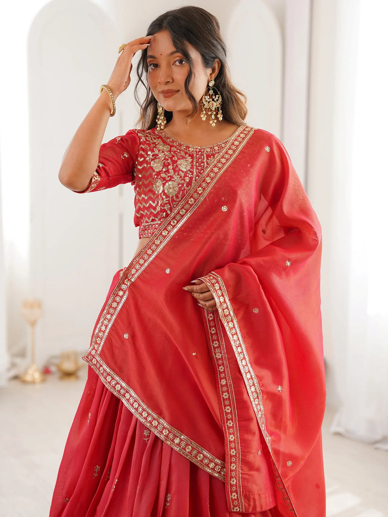 Mesmerizing Orange Thread Work Silk Wedding Lehenga Choli With Dupatta