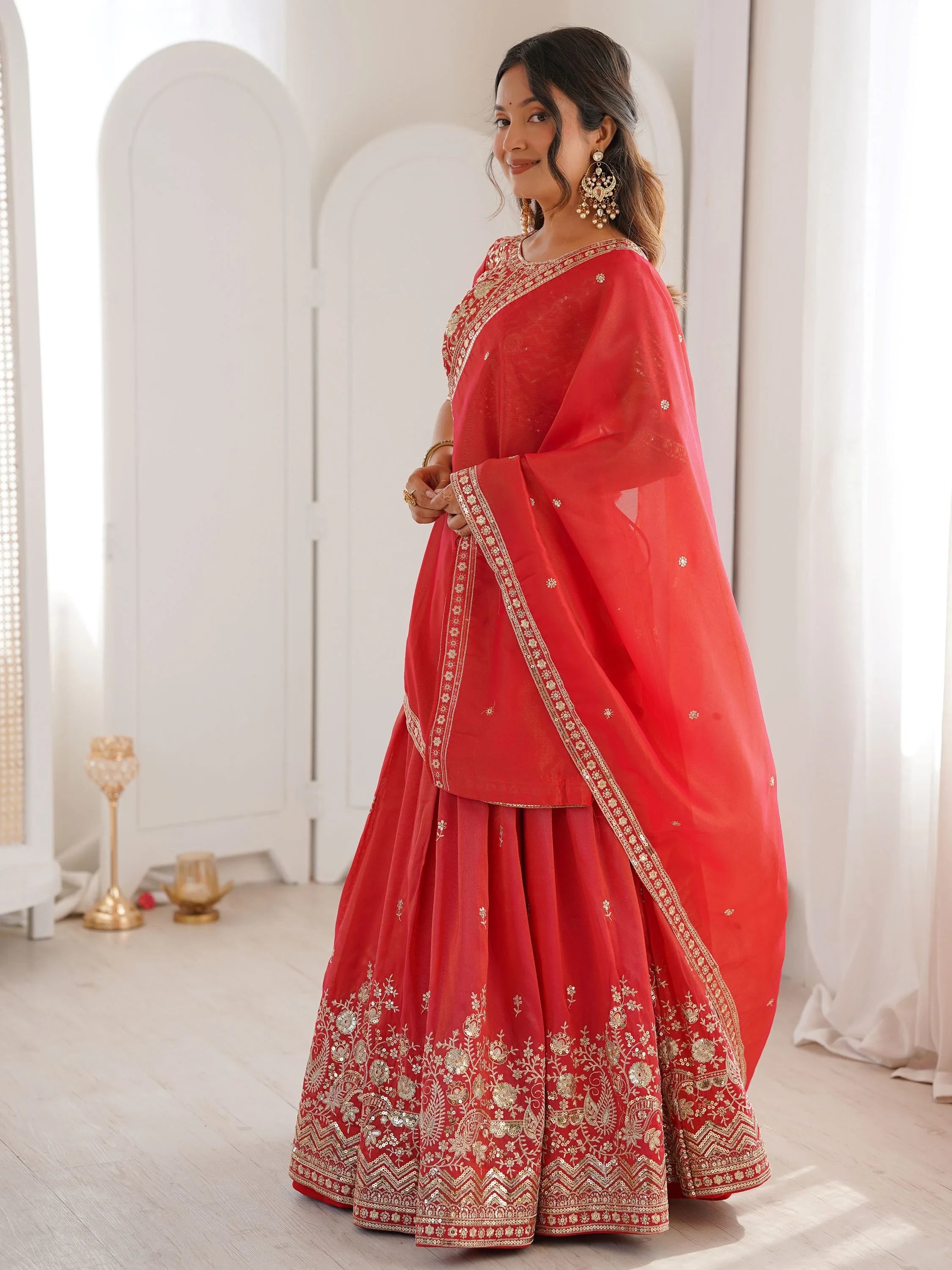 Mesmerizing Orange Thread Work Silk Wedding Lehenga Choli With Dupatta
