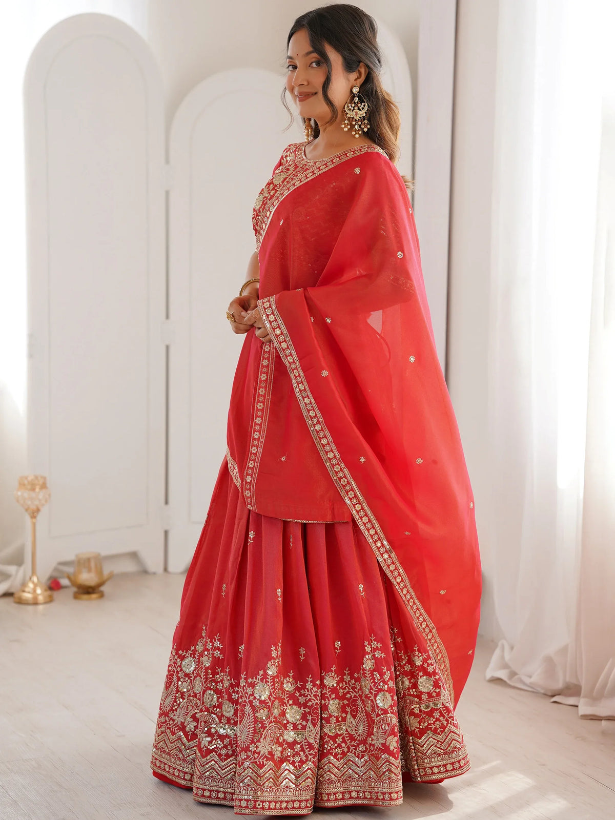 Mesmerizing Orange Thread Work Silk Wedding Lehenga Choli With Dupatta