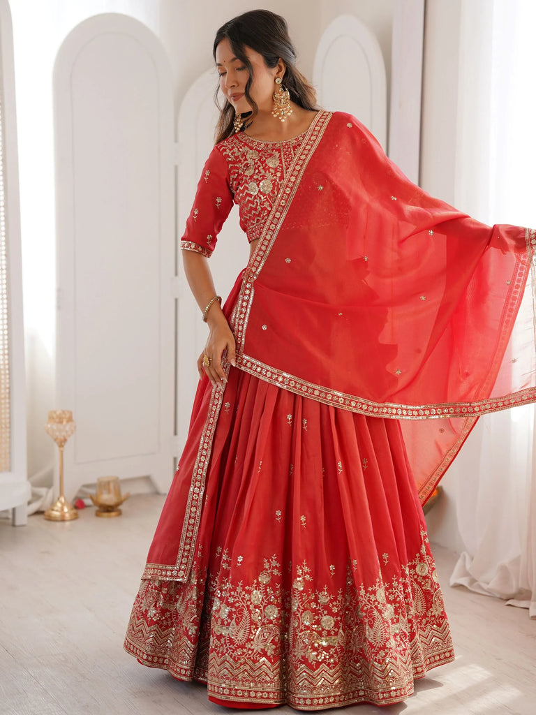 Mesmerizing Orange Thread Work Silk Wedding Lehenga Choli With Dupatta