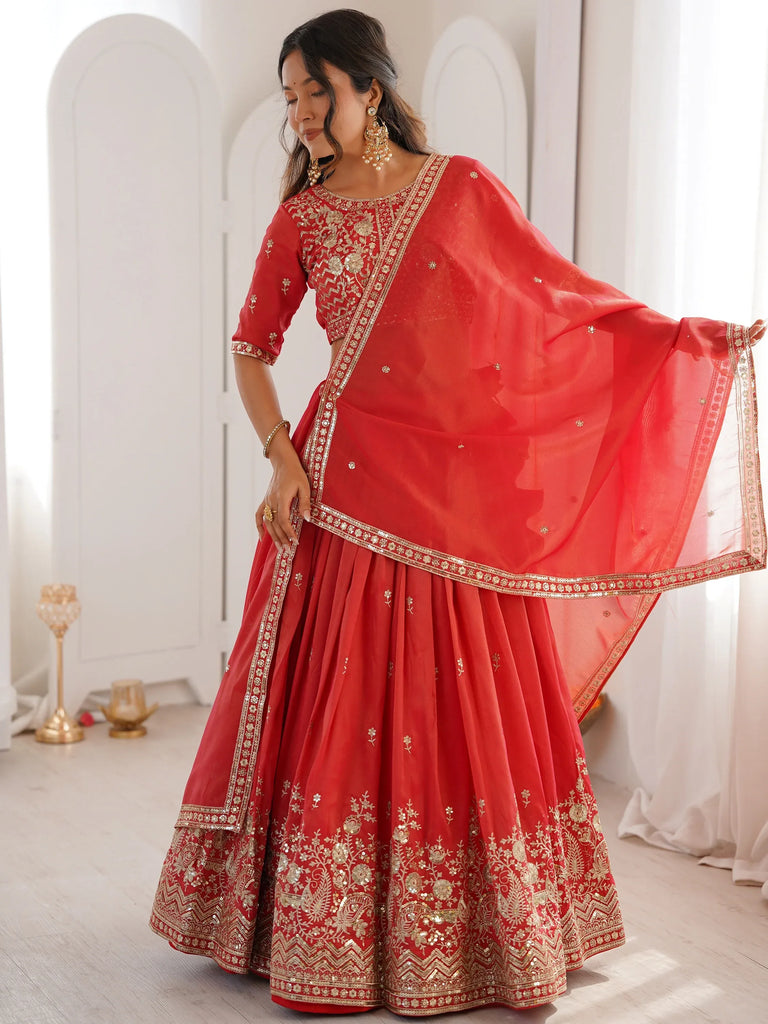 Mesmerizing Orange Thread Work Silk Wedding Lehenga Choli With Dupatta