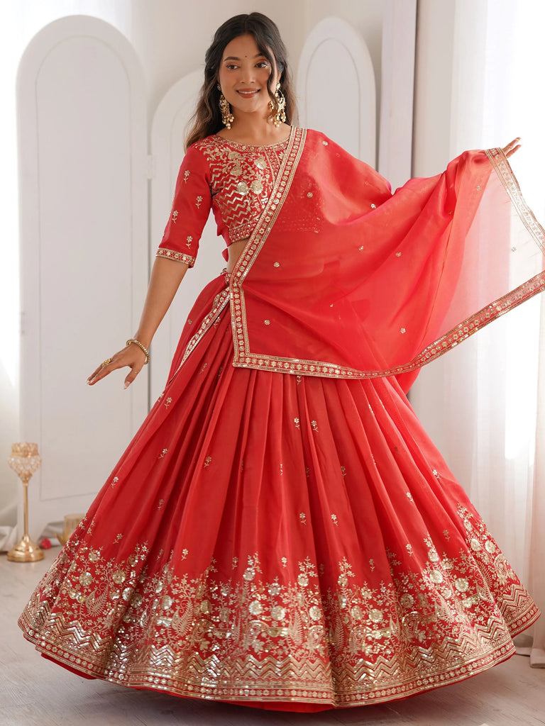 Mesmerizing Orange Thread Work Silk Wedding Lehenga Choli With Dupatta