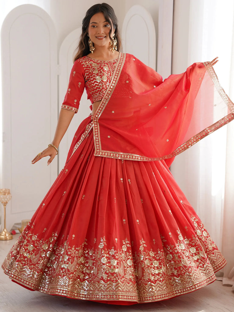 Mesmerizing Orange Thread Work Silk Wedding Lehenga Choli With Dupatta