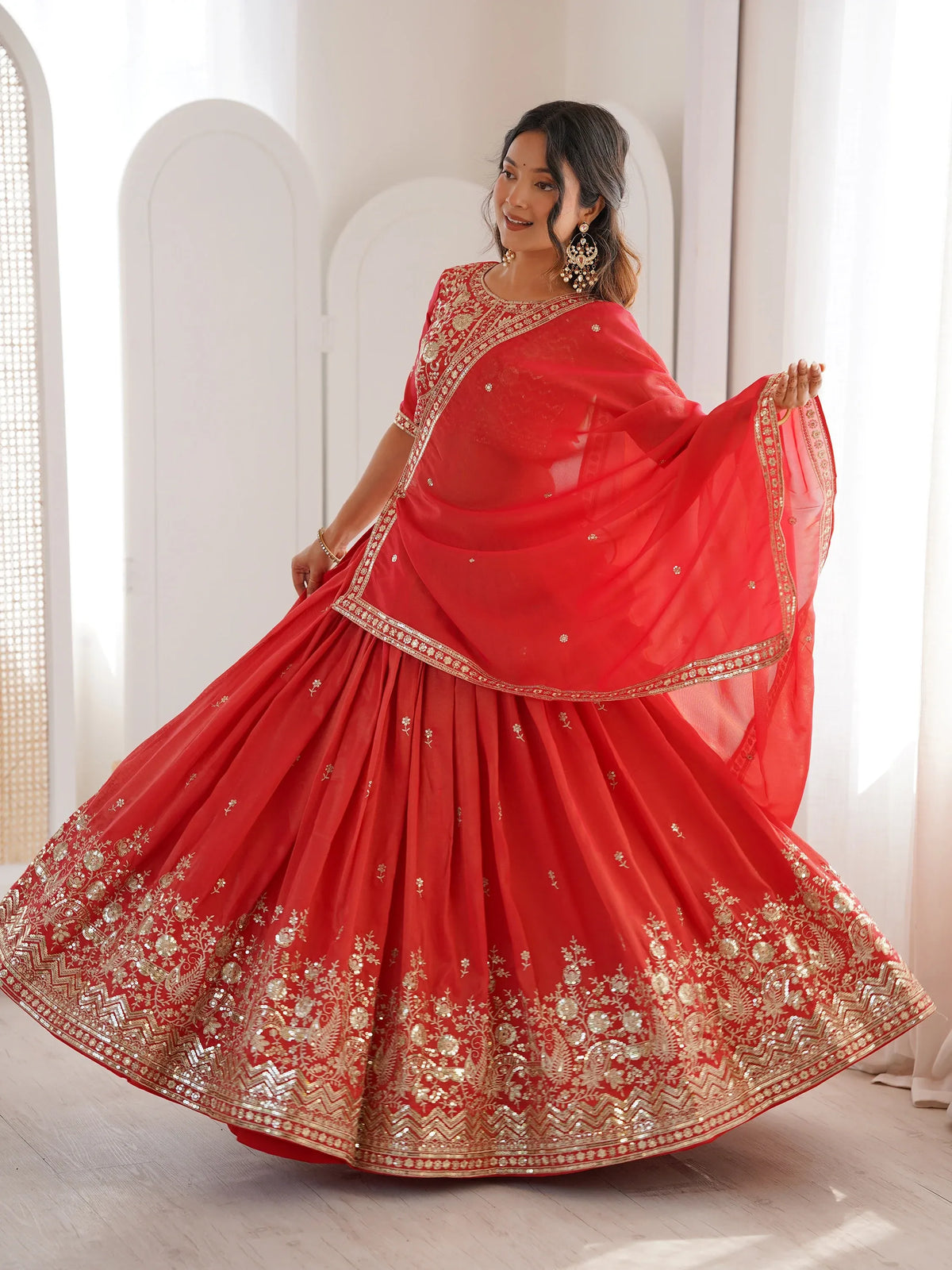 Mesmerizing Orange Thread Work Silk Wedding Lehenga Choli With Dupatta