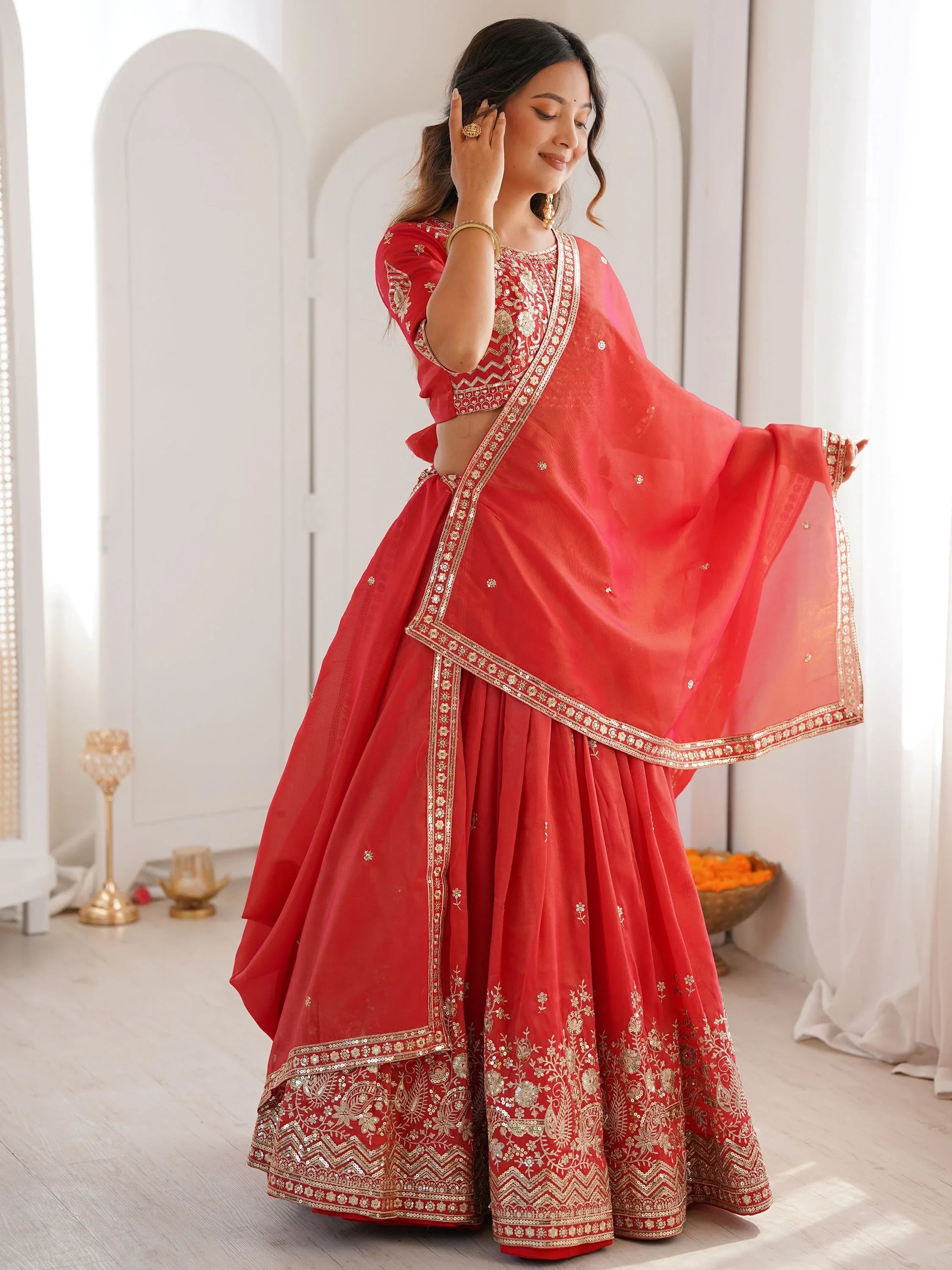 Mesmerizing Orange Thread Work Silk Wedding Lehenga Choli With Dupatta